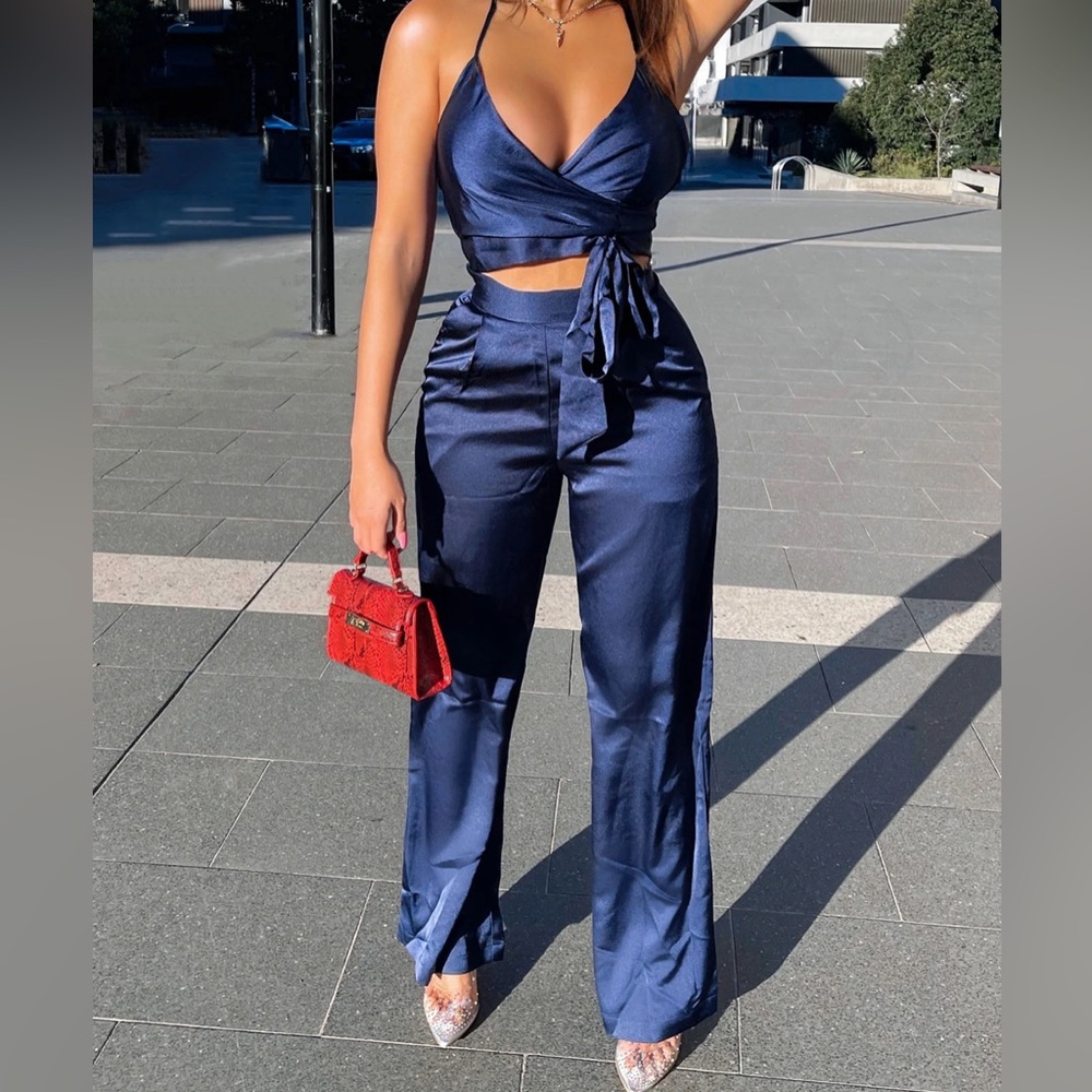 Luxury Views Satin Pant Set - Navy